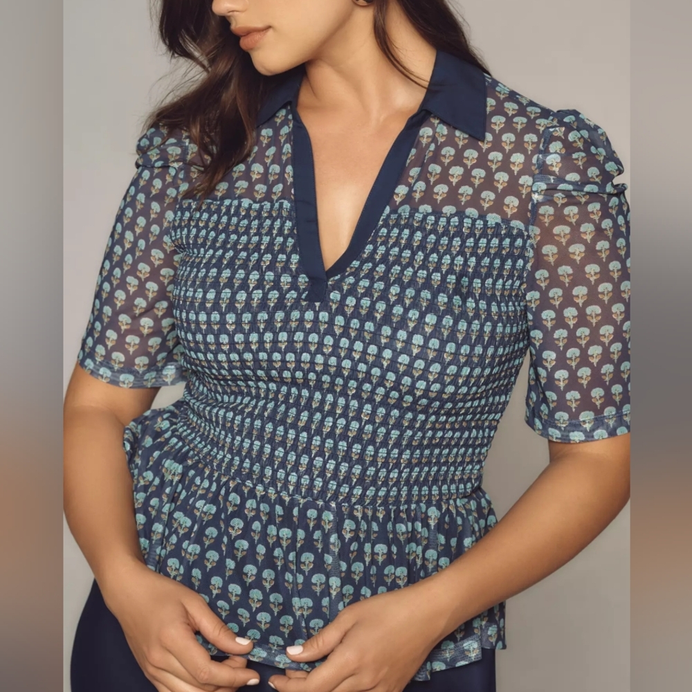 Maeve Anthropologie Short-Sleeve Smocked Polo Top Navy Floral Boho Preppy  SZ M